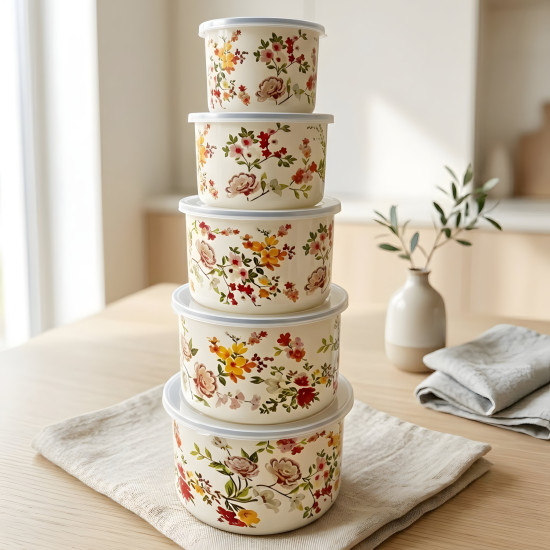 Floral Pattern Metal Tupperware Set - 5 Pcs